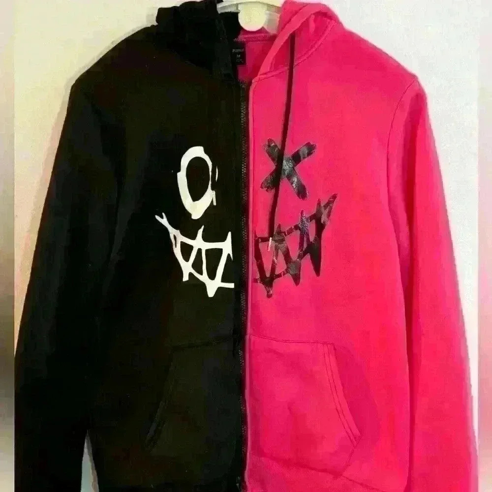 ROMWE Men’s Grunge/Punk Black & Pink Zip-up Hoodie